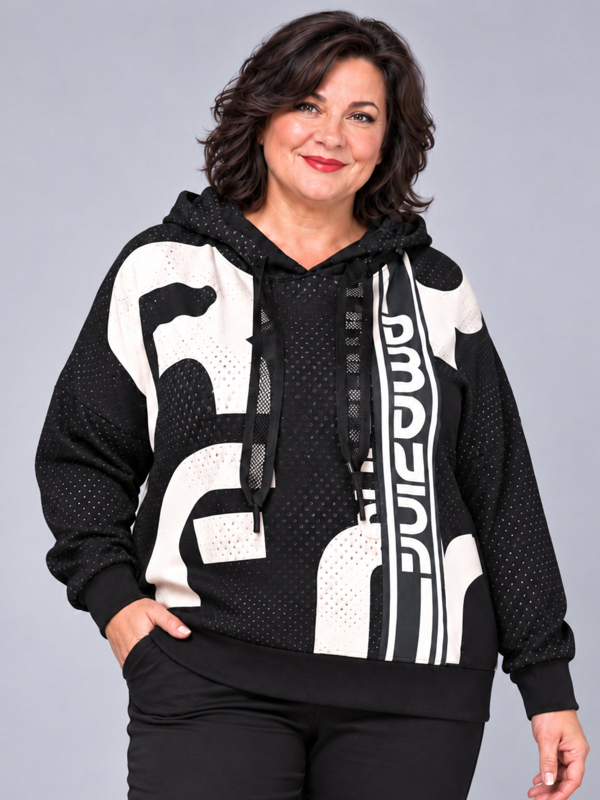 Doris Streich Kapuzenpullover Punktmuster Oversize – Schwarz/Ecru Gr. 44–56