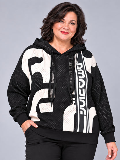 Doris Streich Kapuzenpullover Punktmuster Oversize – Schwarz/Ecru Gr. 44–56