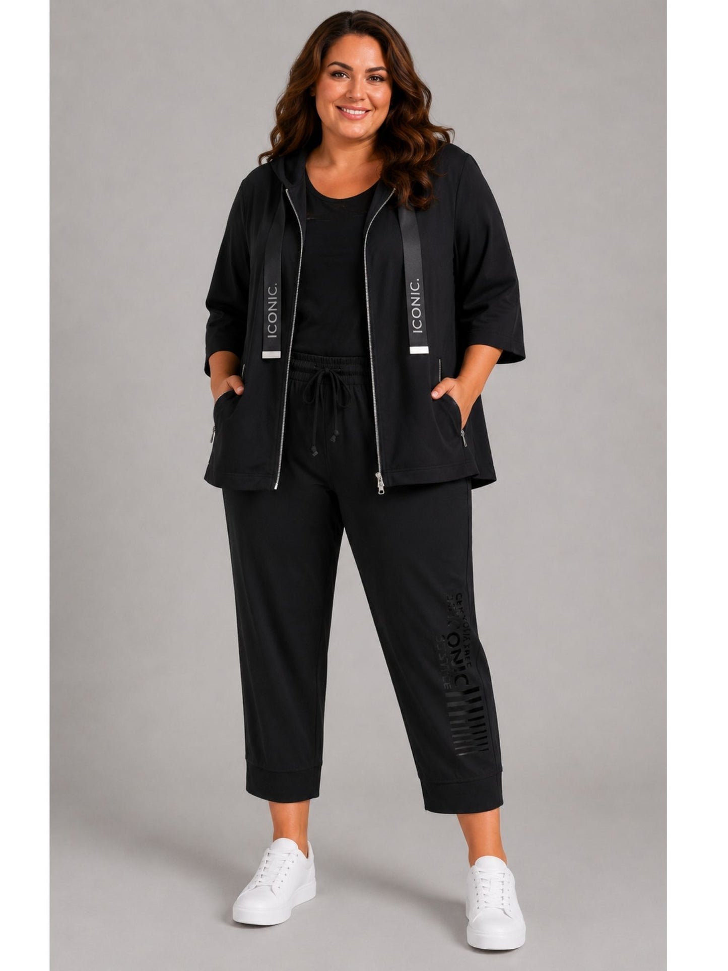 Doris Streich Hose mit Glanzprint und Tunnelzug schwarz