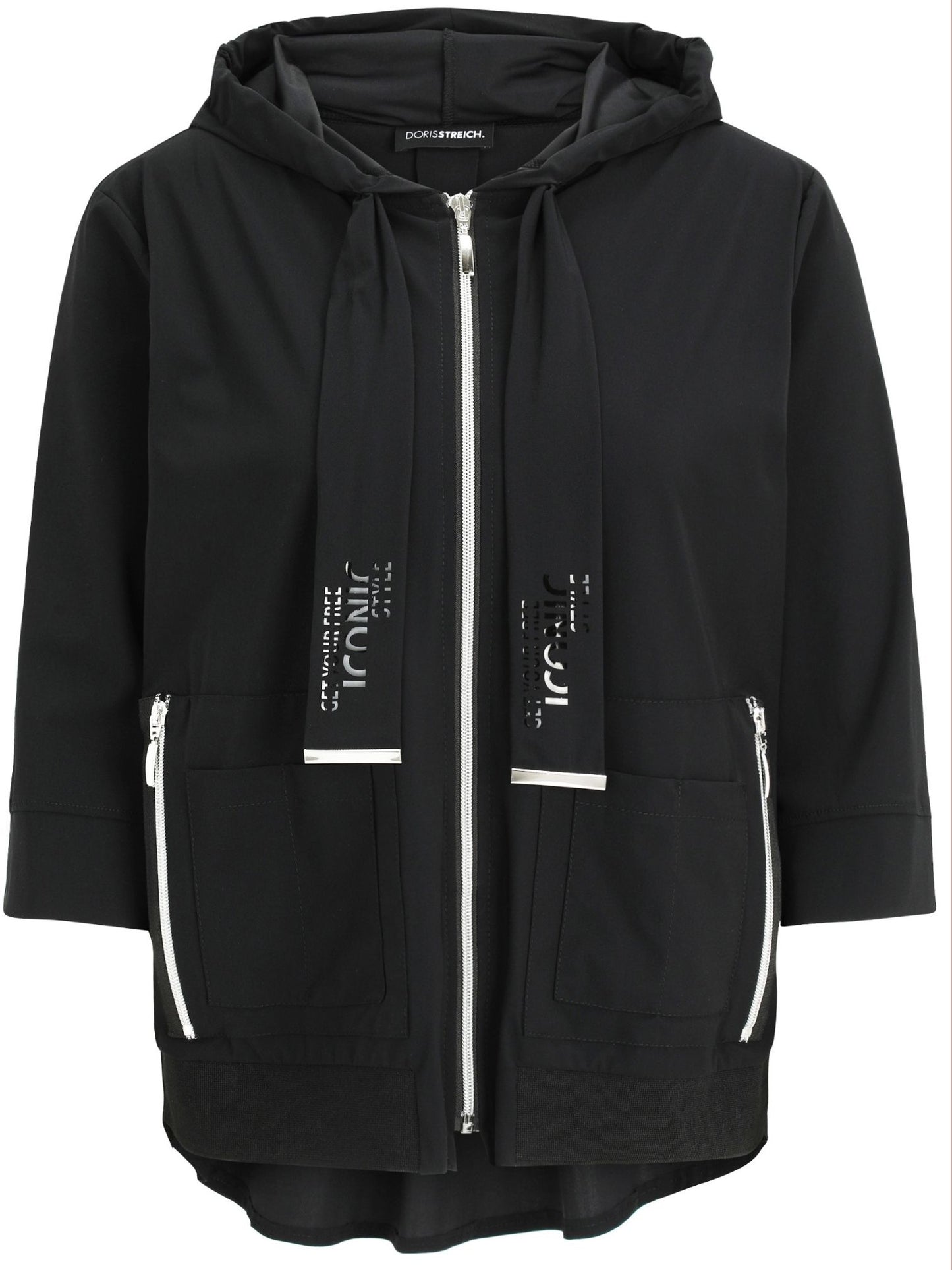 Doris Streich Jacke mit Kapuze und Glanzprint schwarz