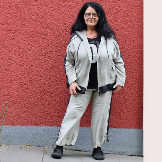 Doris Streich Leinenjacke Hellkhaki-Schwarz mit Kapuze