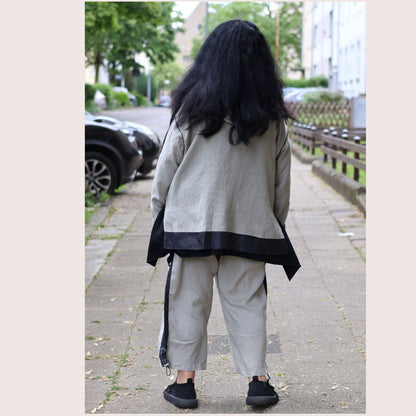Doris Streich Leinenhose Hellkhaki-Schwarz mit Bindeband