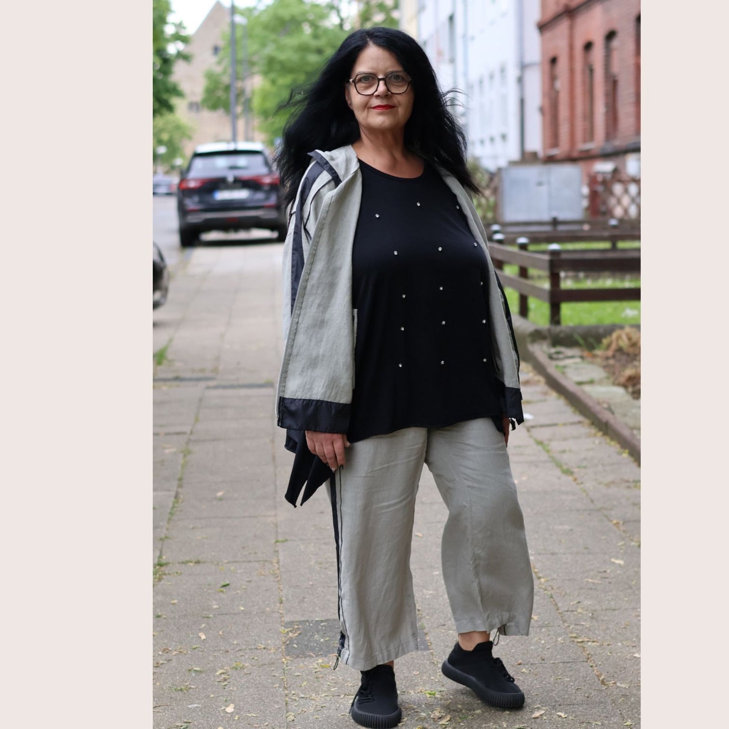 Doris Streich Leinenhose Hellkhaki-Schwarz mit Bindeband