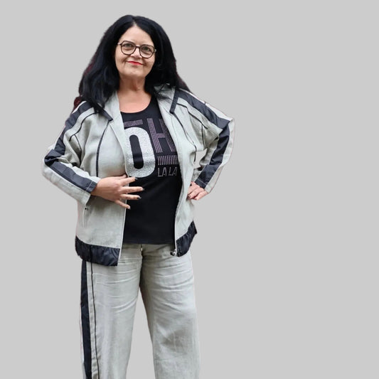 Doris Streich Leinenhose Hellkhaki-Schwarz mit Bindeband