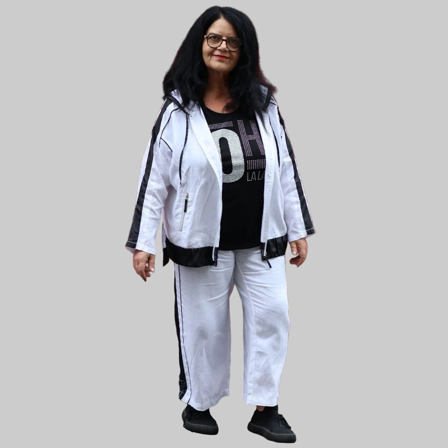 Doris Streich Leinenhose Weiß-Schwarz mit weitem Bein