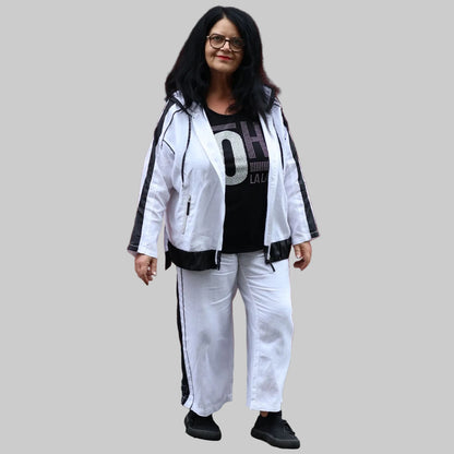 Doris Streich Leinenhose Weiß-Schwarz mit weitem Bein