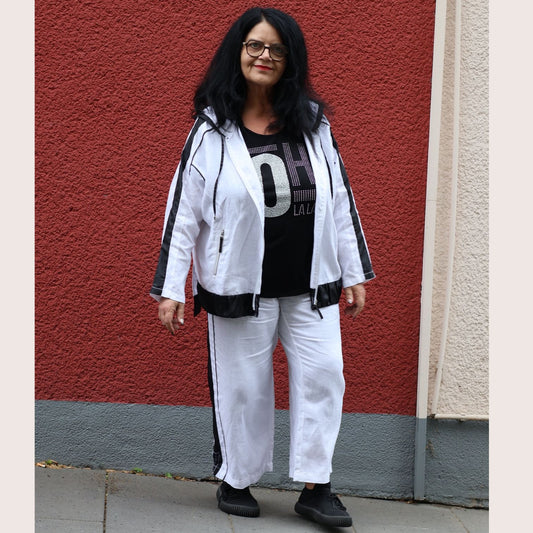 Doris Streich Leinenjacke Weiß-Schwarz mit Kapuze