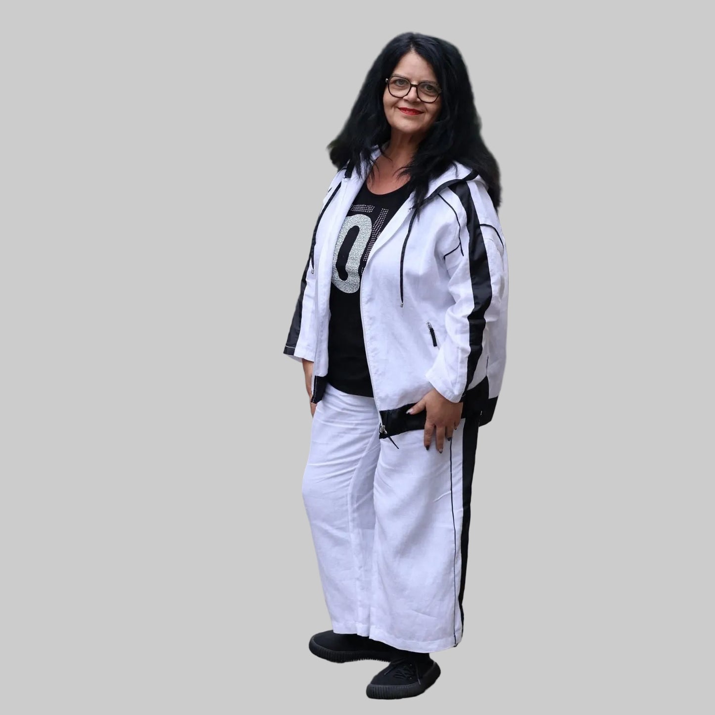 Doris Streich Leinenhose Weiß-Schwarz mit weitem Bein