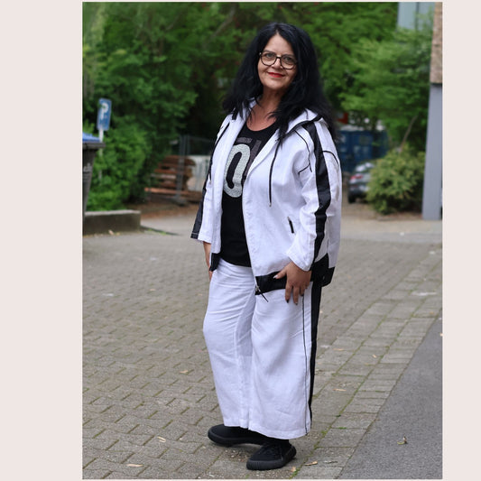 Doris Streich Leinenhose Weiß-Schwarz mit weitem Bein