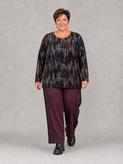 Doris Streich Pullover Rippstruktur mit Mode-Motiv – Beere/Bunt Gr. 44–56