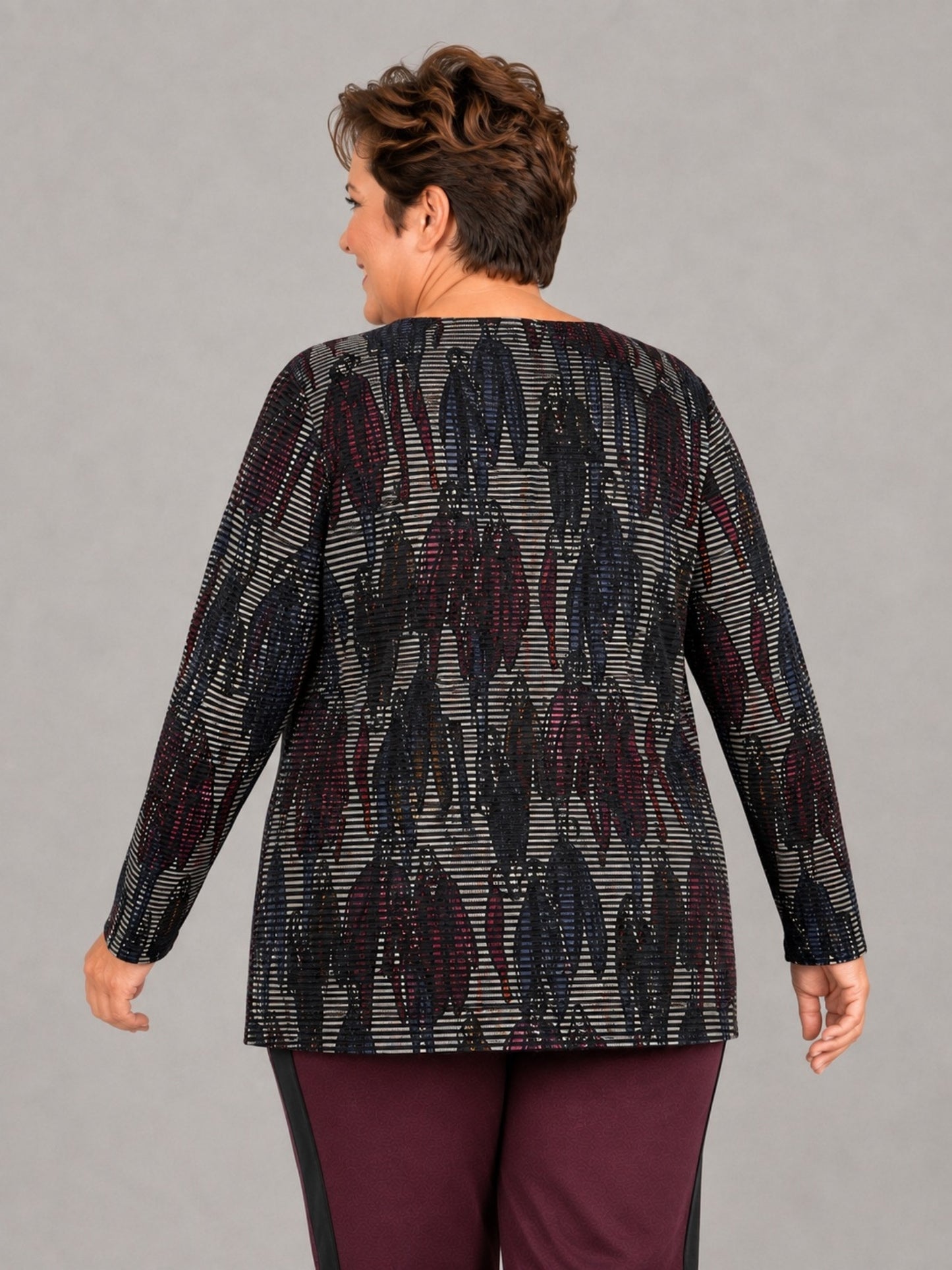 Doris Streich Pullover Rippstruktur mit Mode-Motiv – Beere/Bunt Gr. 44–56