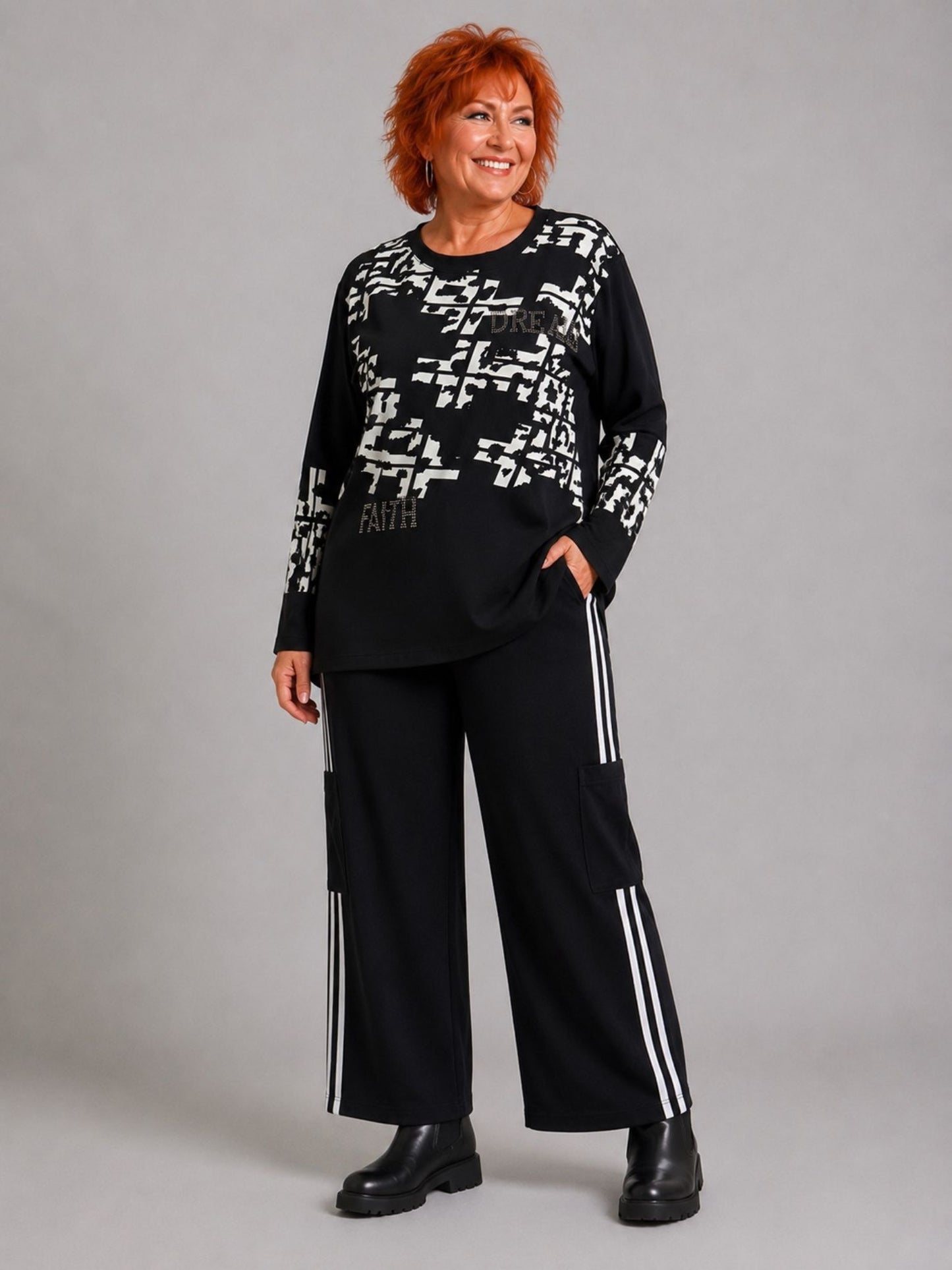 Doris Streich Shirt Modal Langarm Grafikdruck – Schwarz/Weiß Gr. 44–56