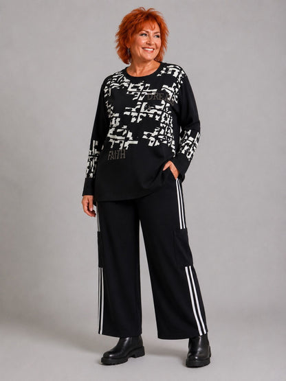 Doris Streich Shirt Modal Langarm Grafikdruck – Schwarz/Weiß Gr. 44–56