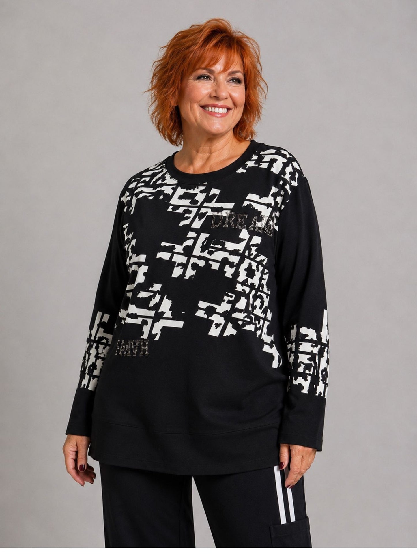 Doris Streich Shirt Modal Langarm Grafikdruck – Schwarz/Weiß Gr. 44–56
