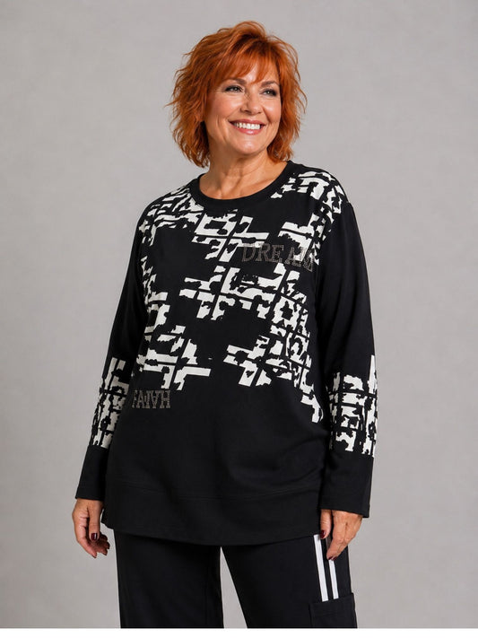 Doris Streich Shirt Modal Langarm Grafikdruck – Schwarz/Weiß Gr. 44–56