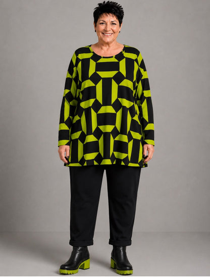 Doris Streich Pullover Rippware Grafikdruck – Kiwi/Schwarz Gr. 44–56