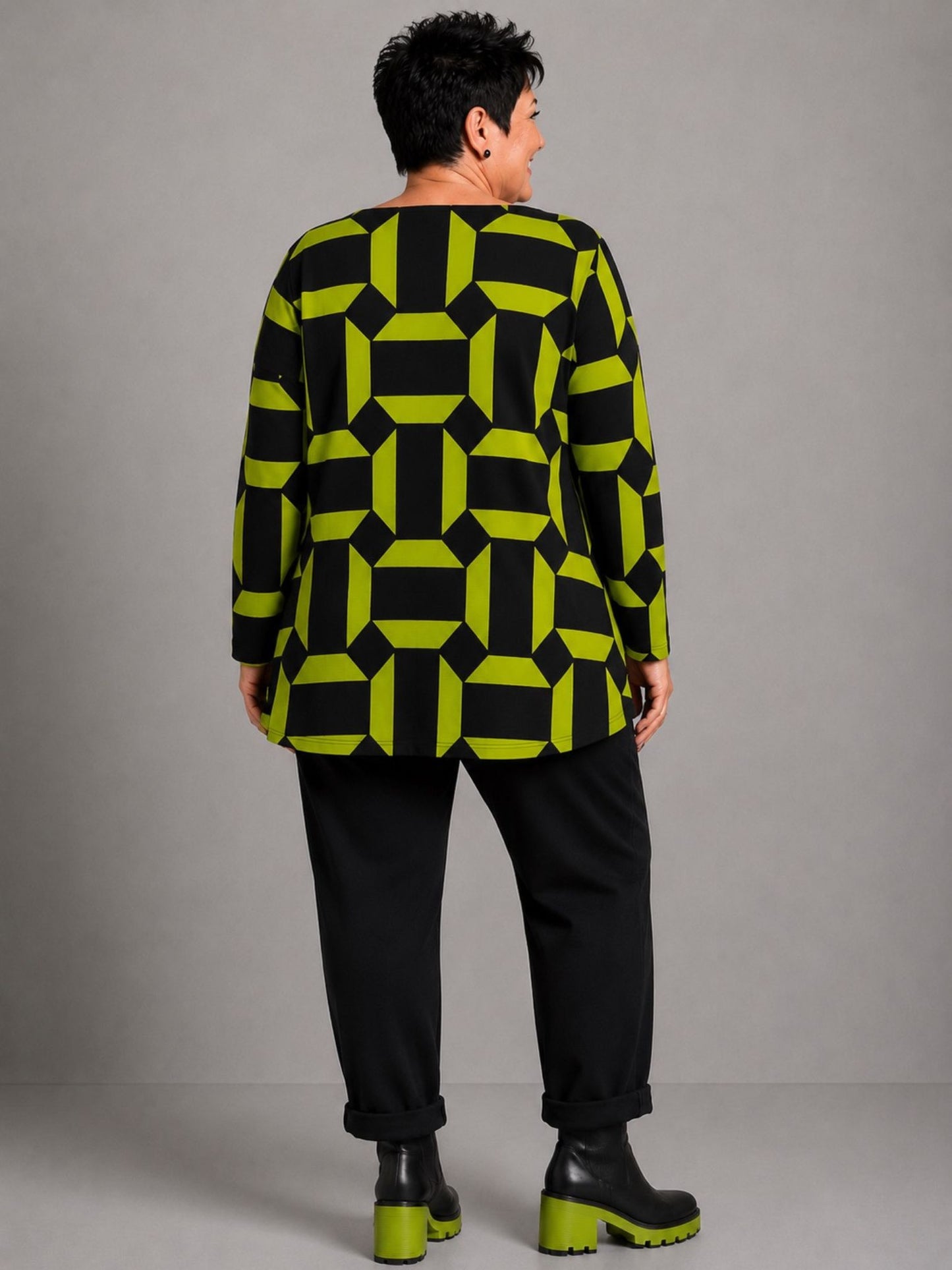 Doris Streich Pullover Rippware Grafikdruck – Kiwi/Schwarz Gr. 44–56