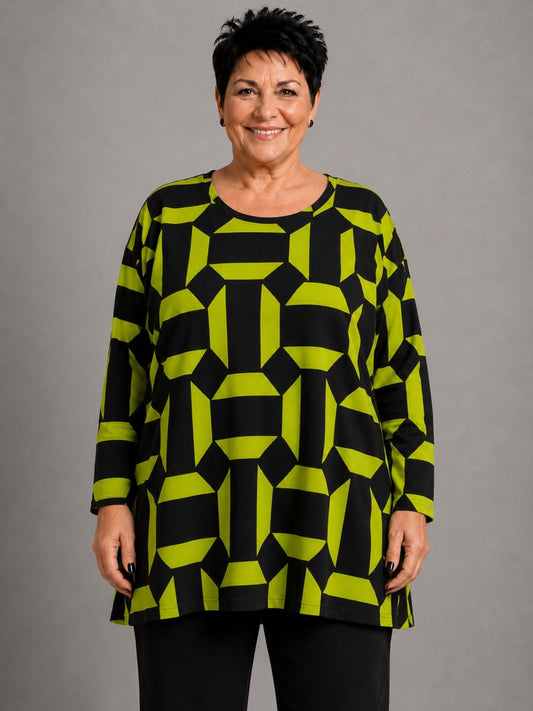 Doris Streich Pullover Rippware Grafikdruck – Kiwi/Schwarz Gr. 44–56