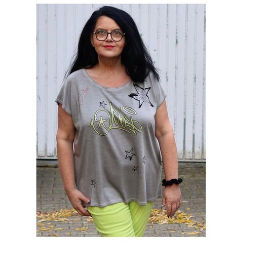 Doris Streich Shirt Grau mit Graffiti & Plättchen