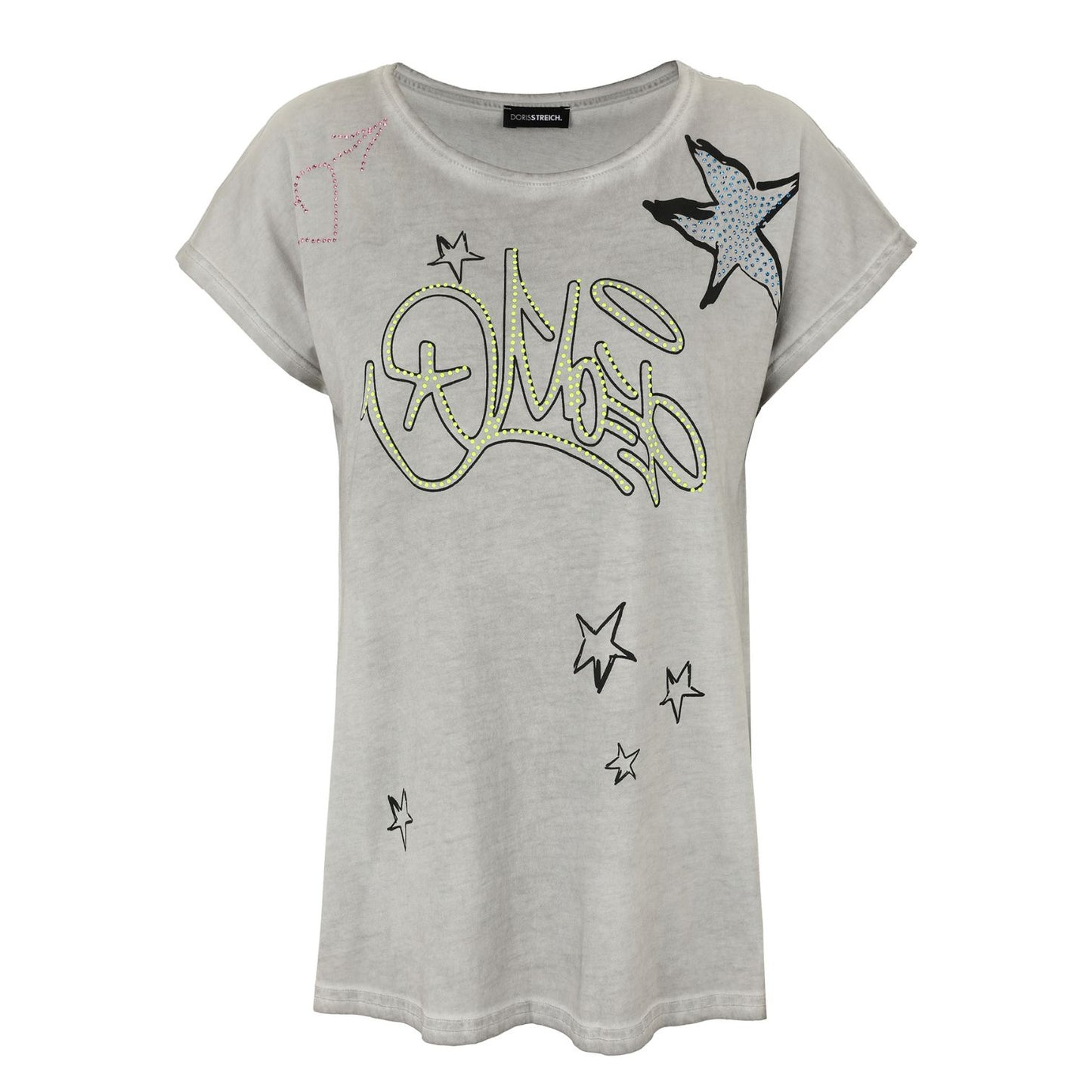 Doris Streich Shirt Grau mit Graffiti & Plättchen