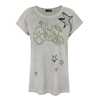 Doris Streich Shirt Grau mit Graffiti & Plättchen