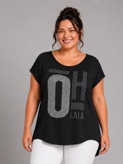 Doris Streich Shirt „Oh La La" – Straß-Print – Schwarz – Große Größen 44–56