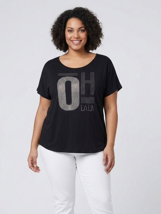 Doris Streich Shirt „Oh La La" – Straß-Print – Schwarz – Große Größen 44–56