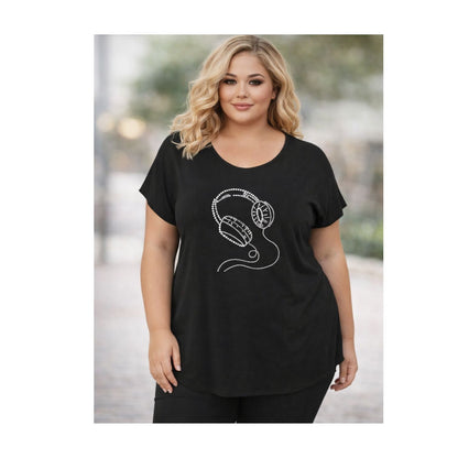 Doris Streich Shirt Schwarz Kopfhörer Nieten große Größen – Nickis XXL Fashion