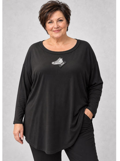 Doris Streich Langarmshirt Viskose mit Glitzer-Sneaker – Schwarz Gr. 44–56