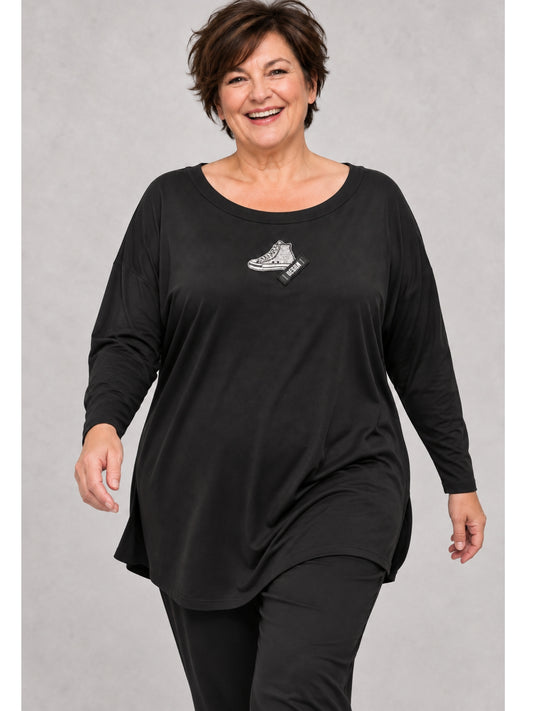 Doris Streich Langarmshirt Viskose mit Glitzer-Sneaker – Schwarz Gr. 44–56