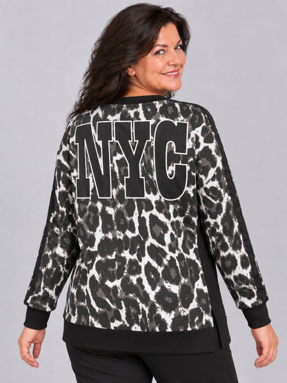 Doris Streich Sweatshirt Leo-Muster mit NYC-Rückendruck und schwarzen Seiteneinsätzen – Grau/Schwarz Gr. 44–56
