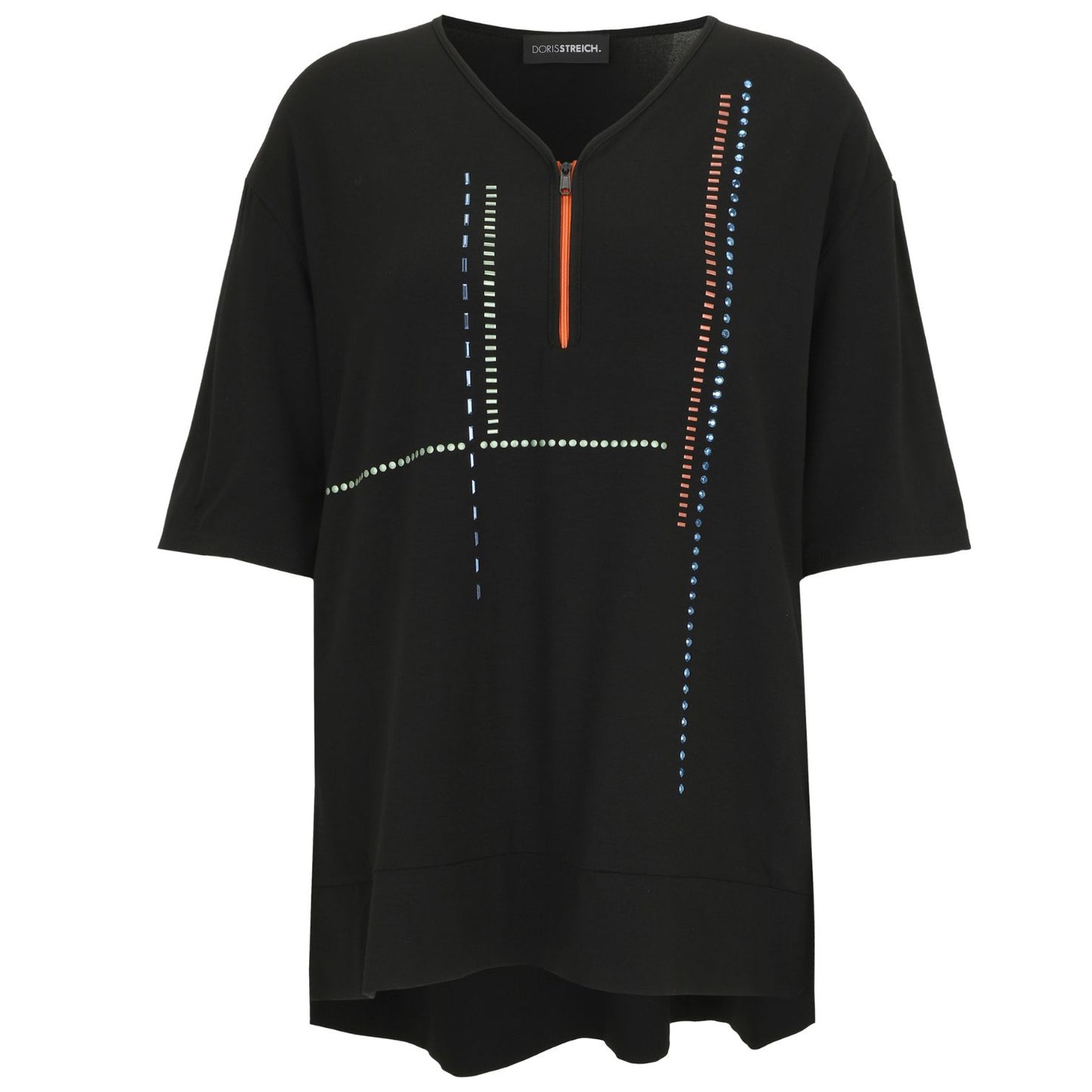Doris Streich Shirt Schwarz mit bunten Highlights & Zipper