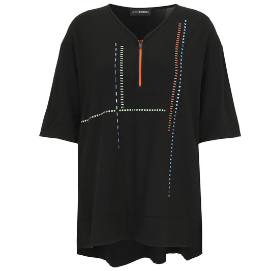Doris Streich Shirt Schwarz mit bunten Highlights & Zipper