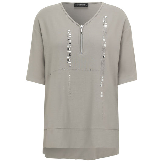 Doris Streich Shirt Taupe mit silbernen Highlights & Zipper