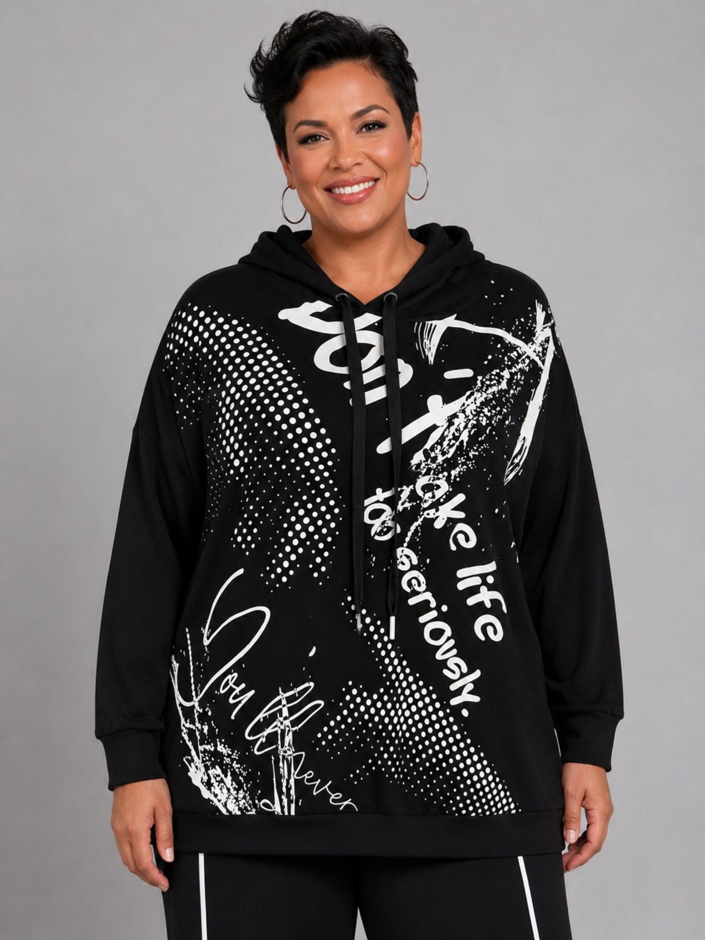 Doris Streich Hoodie Viskose Oversize Grafikdruck – Schwarz/Weiß Gr. 44–56