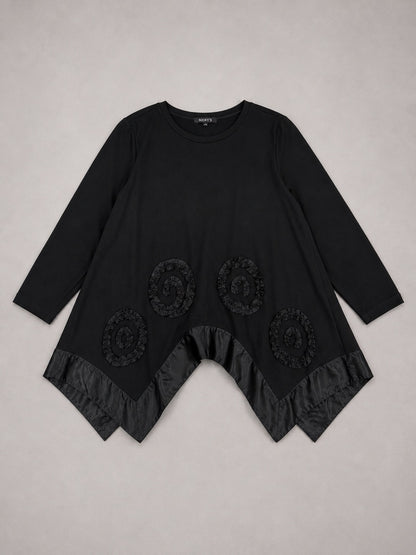 DYB Shirt Viskose mit Taftsaum und Rüschen-Spiralen A-Linie – Schwarz Gr. 48–54