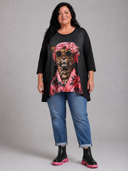 Frenzi Shirt Leoparden-Druck Oversize – Einheitsgröße 44–56, Schwarz/Pink