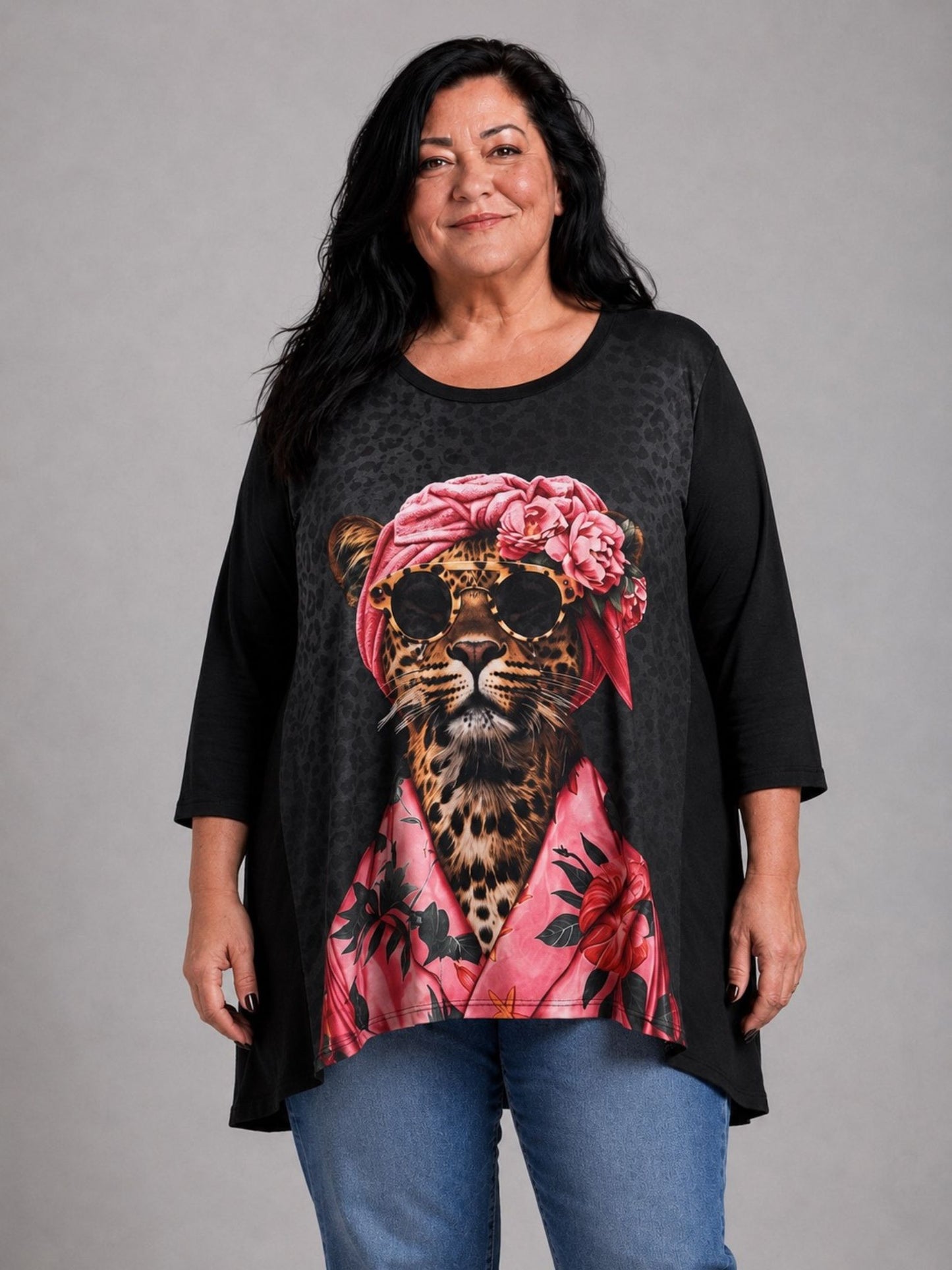 Frenzi Shirt Leoparden-Druck Oversize – Einheitsgröße 44–56, Schwarz/Pink