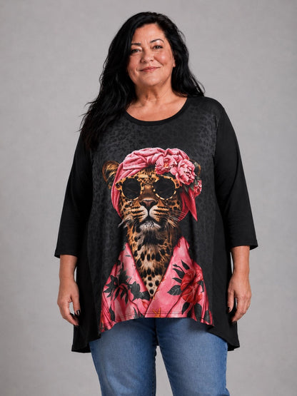 Frenzi Shirt Leoparden-Druck Oversize – Einheitsgröße 44–56, Schwarz/Pink
