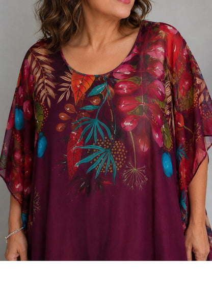 Frenzi Kaftan-Kleid Bordeaux Blumen-Bordüre Seide-Viskose