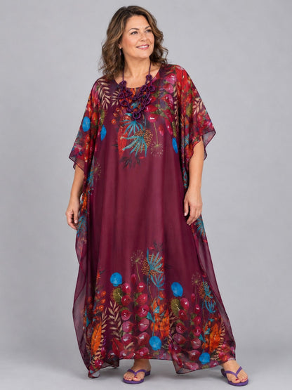 Frenzi Kaftan-Kleid Bordeaux Blumen-Bordüre Seide-Viskose