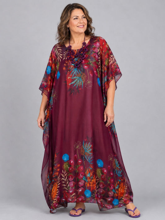Frenzi Kaftan-Kleid Bordeaux Blumen-Bordüre Seide-Viskose