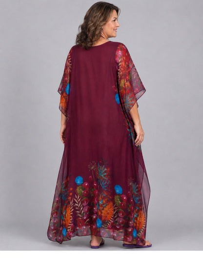 Frenzi Kaftan-Kleid Bordeaux Blumen-Bordüre Seide-Viskose