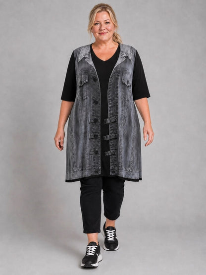 Frenzi Shirt in Jeansweste-Optik Oversize – Grau/Schwarz, Einheitsgröße 46–54