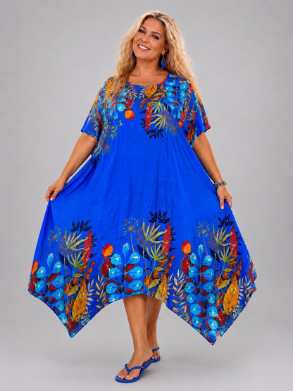 Frenzi Kaftan-Kleid Bordüren-Print – Tencel, Zipfelsaum – 5 Farben – Einheitsgröße 48–60