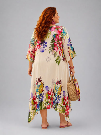 Frenzi Kaftan-Kleid Bordüren-Print – Tencel, Zipfelsaum – 5 Farben – Einheitsgröße 48–60