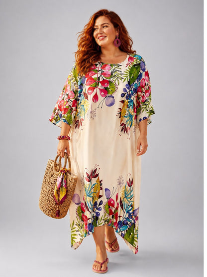 Frenzi Kaftan-Kleid Bordüren-Print – Tencel, Zipfelsaum – 5 Farben – Einheitsgröße 48–60