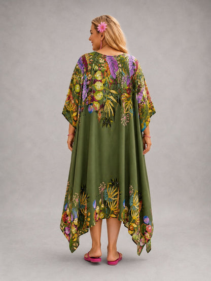 Frenzi Kaftan-Kleid Bordüren-Print – Tencel, Zipfelsaum – 5 Farben – Einheitsgröße 48–60