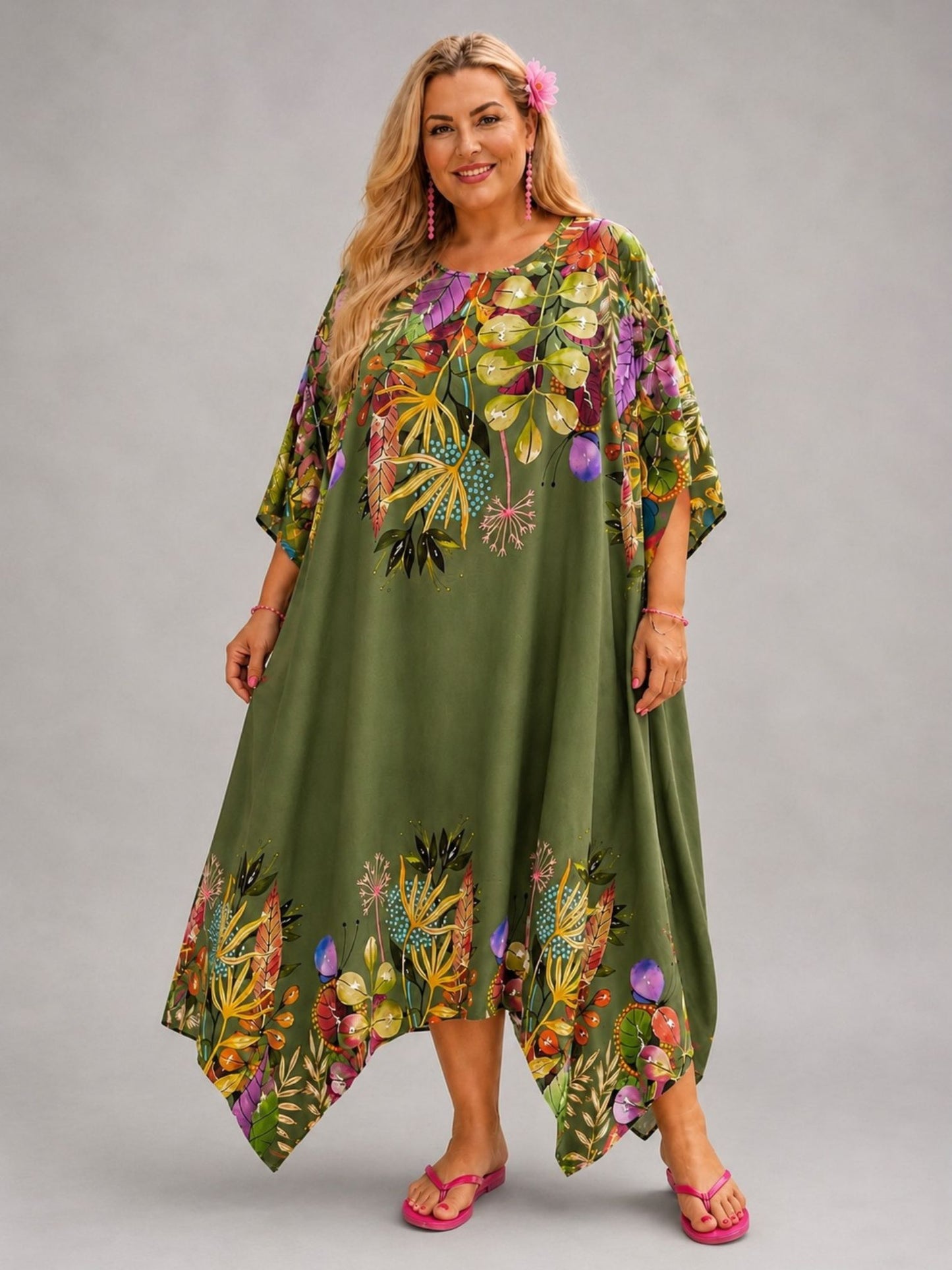 Frenzi Kaftan-Kleid Bordüren-Print – Tencel, Zipfelsaum – 5 Farben – Einheitsgröße 48–60