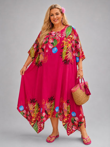 Frenzi Kaftan-Kleid Bordüren-Print – Tencel, Zipfelsaum – 5 Farben – Einheitsgröße 48–60
